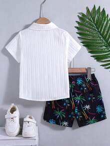 2pcs/Set Boys Casual Outgoing Fashion Random Print Decor Button Design Lapel Short Sleeve Top And Elastic Waist Random Print Shorts, Spring/Summer - White - View 3