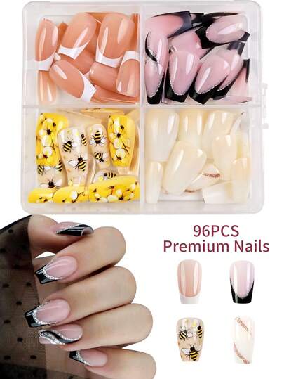 96 piezas de 4 juegos de uñas postizas con diseño de patrón francés de línea degradada con brillo de miel, que incluyen 4 piezas de pegamento de gelatina y 4 limas de uñas, adecuadas para fiestas, eventos y uso diario. Adecuado para mujeres y niñas. Incluye herramientas de manicura. Es una excelente opción de regalo. Juego de manicura moldeable