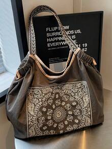 女士手提包，大容量防水帆布刺绣托特包，个性化图案便携式单肩托特包 - 灰色 - 查看 5