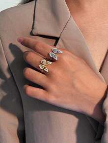 时尚奢华925纯银镂空蝴蝶锆石可调节戒指，女士款