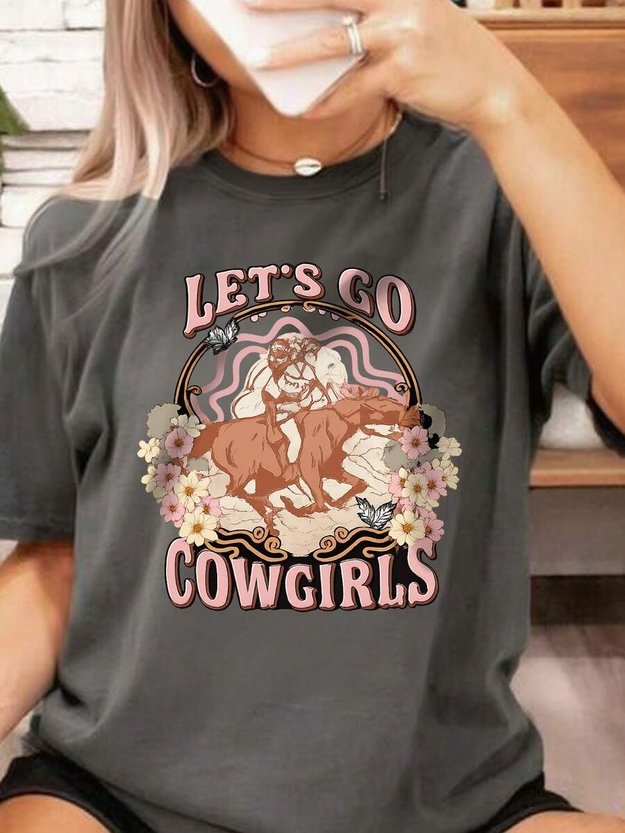 Tween Girls' Casual Pink Graphic Print Crew Neck Short Sleeve T-Shirt, Summer Top - Dark Grey - View 1