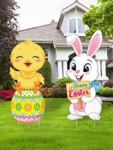 2pcs Easter Garden Decor Cute Rabbit And Chick Outdoor Lawn Stake, Perfect For Spring Party Supplies, Large Happy Bunny Decoration, Garden Yard Lawn Decor - Multicolor - View 6