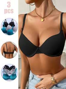 三件套简约性感蕾丝聚拢支撑文胸，可调节肩带，带衬垫和钢圈，日常穿着女士成人内衣 - 彩色 - 查看 7