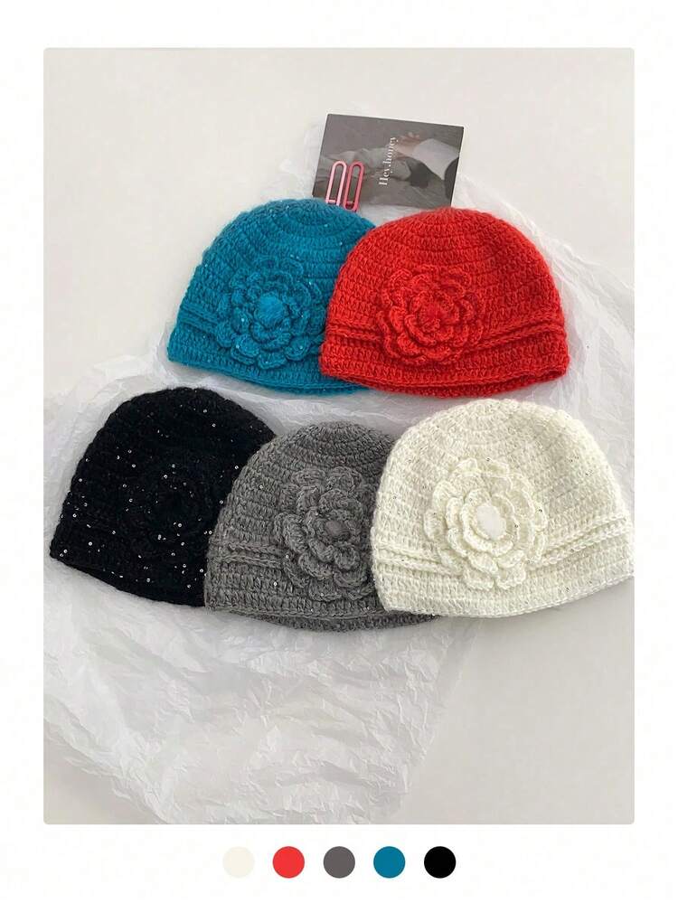 1pc Floral Sequin Rabbit Fur Beanie, Handmade Crochet Slouchy Beanie Hat, Warm Knitted Cap For Women, Autumn/Winter - Flower Sequins - View 2