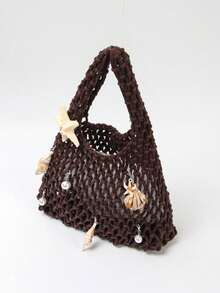 1个涤纶网底多色纯色钩编手提包，菱形图案，轻便大容量可爱日系时尚夏季沙滩包，女士款 - 咖啡棕 - 查看 6