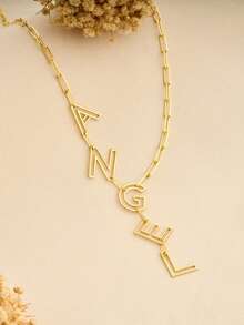 1pc Personalized Nameplate Necklace, Can Customize 1-12 Letter Name, Standard Y-Shape Nameplate Necklace, Enhance Personal Style Jewelry Gift, Gold-Plated Name Necklace - Hollow Font - View 9