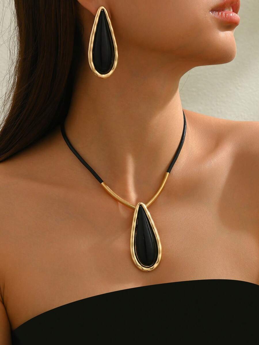 3件套复古黑色绳索项链耳环首饰套装，搭配黑色水滴形撞色吊坠，时尚优雅，适合女性日常、节日、送礼、度假、派对和宴会等场合佩戴。 - 彩色 - 查看 1