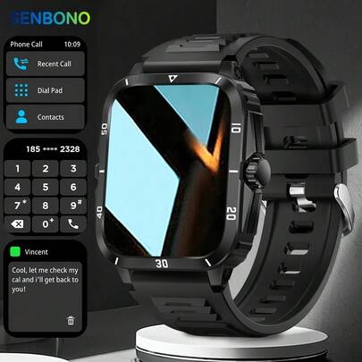  Orologio smart da uomo SENBONO per sport all'aperto, display touch screen da 1,96 pollici, illuminazione dello schermo, oltre 100 modalità sportive, impermeabile IP68, supporto per più lingue, avvisi di messaggi, ricezione/effettuazione di chiamate senza fili, compatibile con telefoni Android