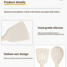 Silicone Kitchenware Set, Heat Resistant Non-Stick Pot Spatula, Soup Ladle, Cooking Spoon With Wooden Handle - White - View 10