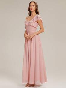 EVERPRETTY Summer Simple V-Neck Irregular Ruffled Neckline Pink Bridesmaid Dress For Wedding - Baby Pink - View 5