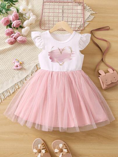Girls' Spring/Summer Heart Print Mesh Dress With Ruffle Sleeves And Layered Tulle Skirt, Chic & Elegant Style Suitable For Casual Wear And Weddings