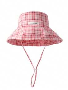 1顶时尚年轻彩色条纹格子遮阳帽，防紫外线，宽帽檐带抽绳，可折叠，适合远足、钓鱼等户外活动，日常佩戴，Y2K韩日风格 - 格子 - 查看 9