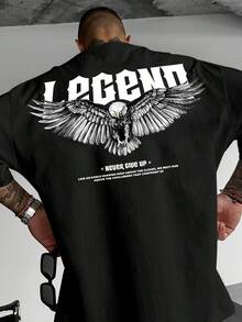 Men's Streetwear T-Shirt With Graphic Print - "Never Give Up" Featuring Wing And Skull Design, Loose Fit, Casual Short Sleeve, Light Beige Summer Top, Machine Washable, Motivational Clothing | T-Shirt With Back Print | Durable Casual Apparel - 黑色 - 查看 2