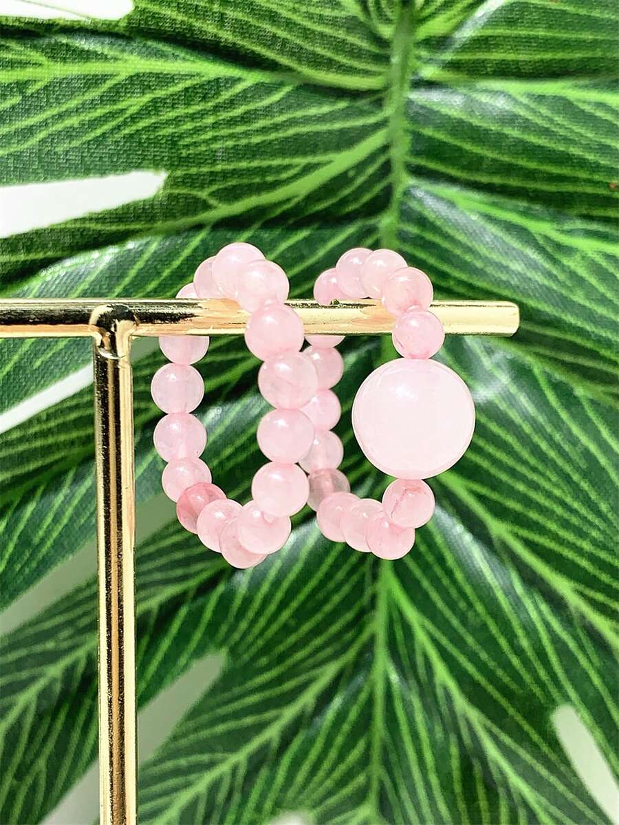 2 件套玫瑰石英天然石珠戒指套装，自然风格，非常适合情人节、派对和聚会。 - 粉色 - 查看 1