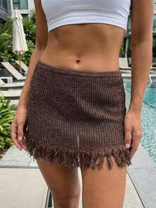 Women Y2k Fringe Knit Mini Skirts Boho Bodycon Low Waist Going Out Crochet Tassel Short Skirt - Màu nâu Sô-cô-la - Xem 4