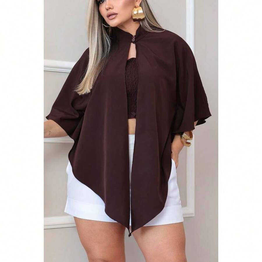 Premium Crepe Set - Kimono Cape & Cropped Top - Rust Brown - View 1