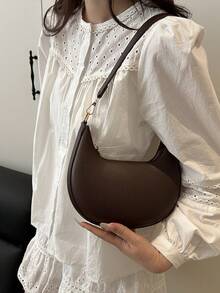 1pc PU Solid Color Zipper Crescent Underarm Bag, Fashionable Retro Shoulder Bag, Suitable For Office Ladies, Versatile (Lychee Pattern Style) - Coffee - View 2