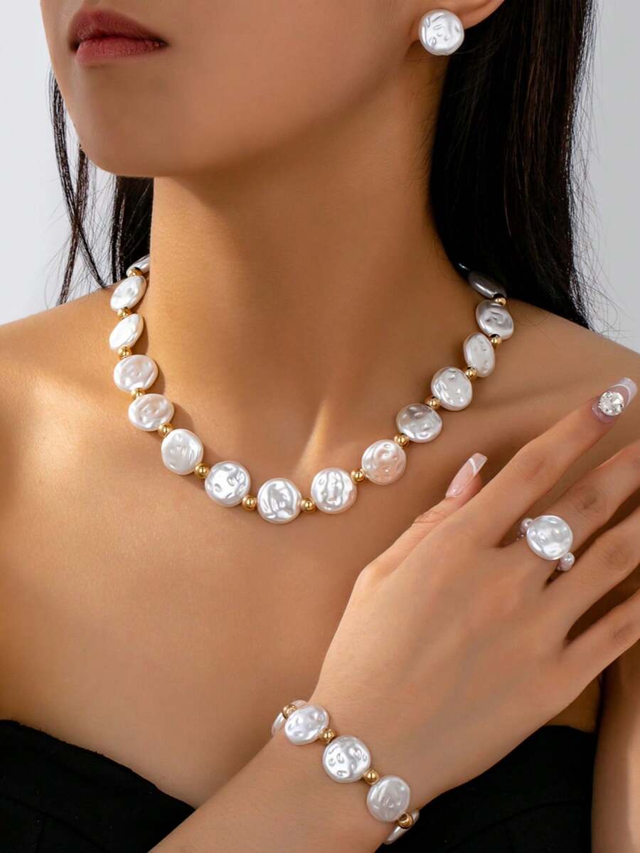 5pcs/Set Luxury Retro Pearl & Golden Bead Jewelry Set, Suitable For Women's Daily Outings, Dates, Parties, And Other Occasions - Multicolor - View 1