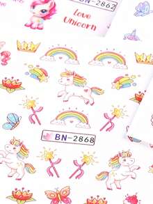 12款独角兽和马美甲贴纸，闪光水转印贴纸，彩虹爱心、月亮、星星、蛋糕、气球等彩色卡通图案，美甲装饰，DIY美甲贴纸，女士美甲配件 - 彩色 - 查看 8