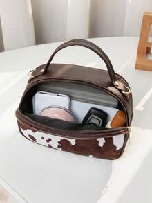 奶牛纹斜挎包，女士手提包，配有可调节肩带和提手，轻便休闲单肩包，适合女孩使用 - 咖啡 - 查看 6