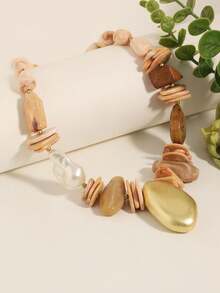 1 chiếc vòng cổ sang trọng kiểu cổ điển bằng acrylic, đính đá giả và ngọc trai, điểm xuyết kim loại, thích hợp cho phụ nữ đeo trong những buổi trà chiều theo phong cách cổ điển. - nâu nhạt - Xem 4