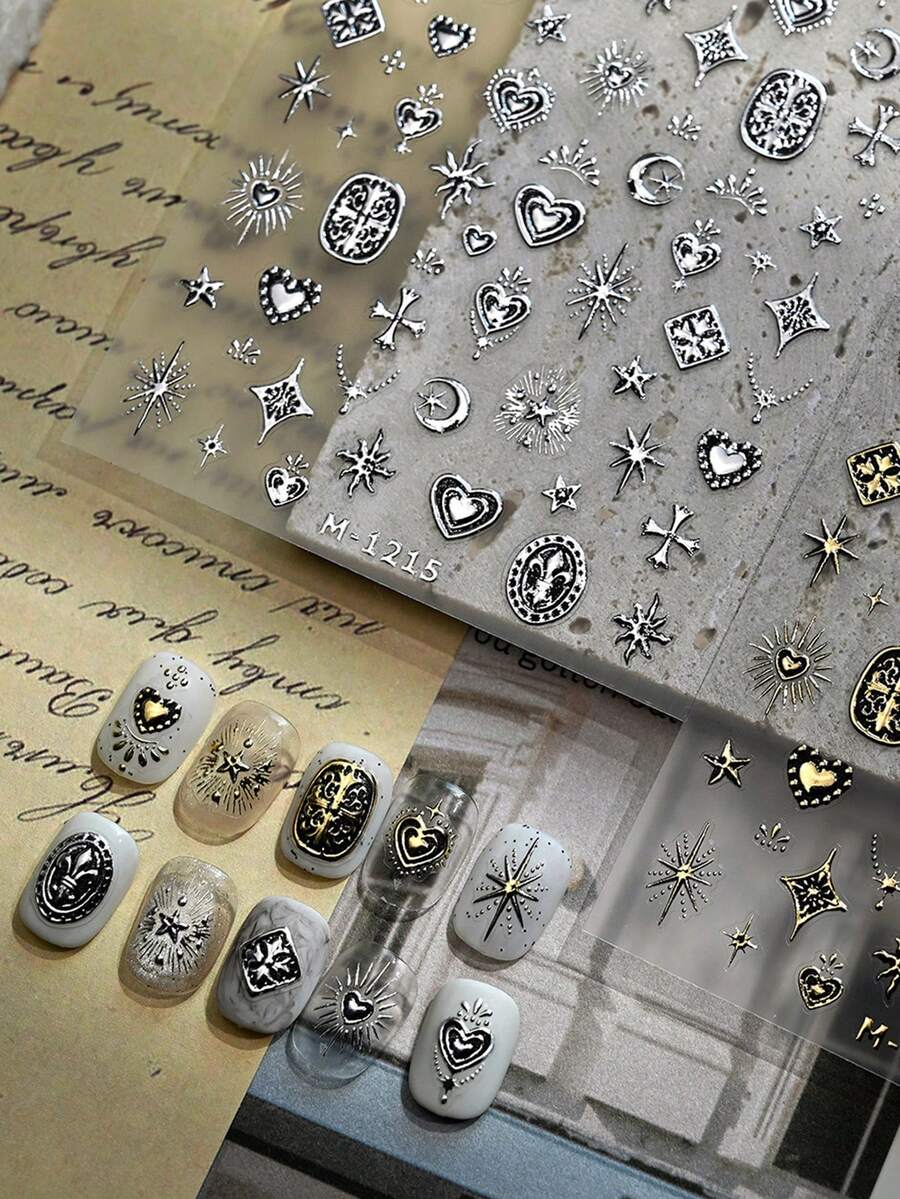 Beautizon Nailartlab 3D Gothic Style Nail Art Stickers | Silver Punk Cross Heart Star Pattern | DIY Self-Adhesive Nail Decals - Multicolor - View 1