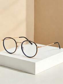金属框椭圆形装饰无度数眼镜，新款韩版街头时尚男女通用复古金属眼镜框 - 金色 - 查看 2