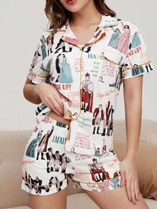 两件套女士汉密尔顿音乐剧印花短袖短裤睡衣套装，舒适吸睛的Polo领针织上衣，配有纽扣前袋和松紧腰裤，适合所有季节，时尚经典家居服。 - 白色 - 查看 15