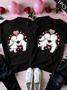 Couples Cartoon Love Graphic TShirt Premium Fabric, Art Print, Casual, Breathable - WomenBlack-1PC - View 2