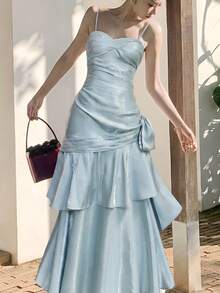 Shiny Ruched Ruffled Hem Party Dress, Elegant Iridescent Spaghetti Strap Concert Outfit, Fashionable Wedding Bridesmaid Formal Birthday Back To School Dress, Summer Autumn - Baby Blue - View 8
