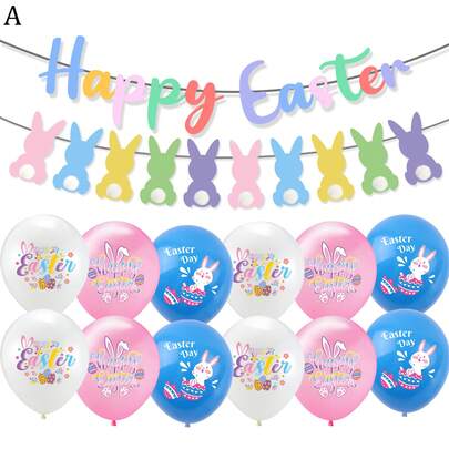 10pcs/17pcs Easter Party Decoration Set, Includes Rabbit Flag Banner, Latex Balloons, Suitable For Spring Holiday Family & Kids Party Supplies