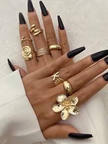 8件套女士不规则新款时尚戒指套装 - 金黃色 - 查看 1