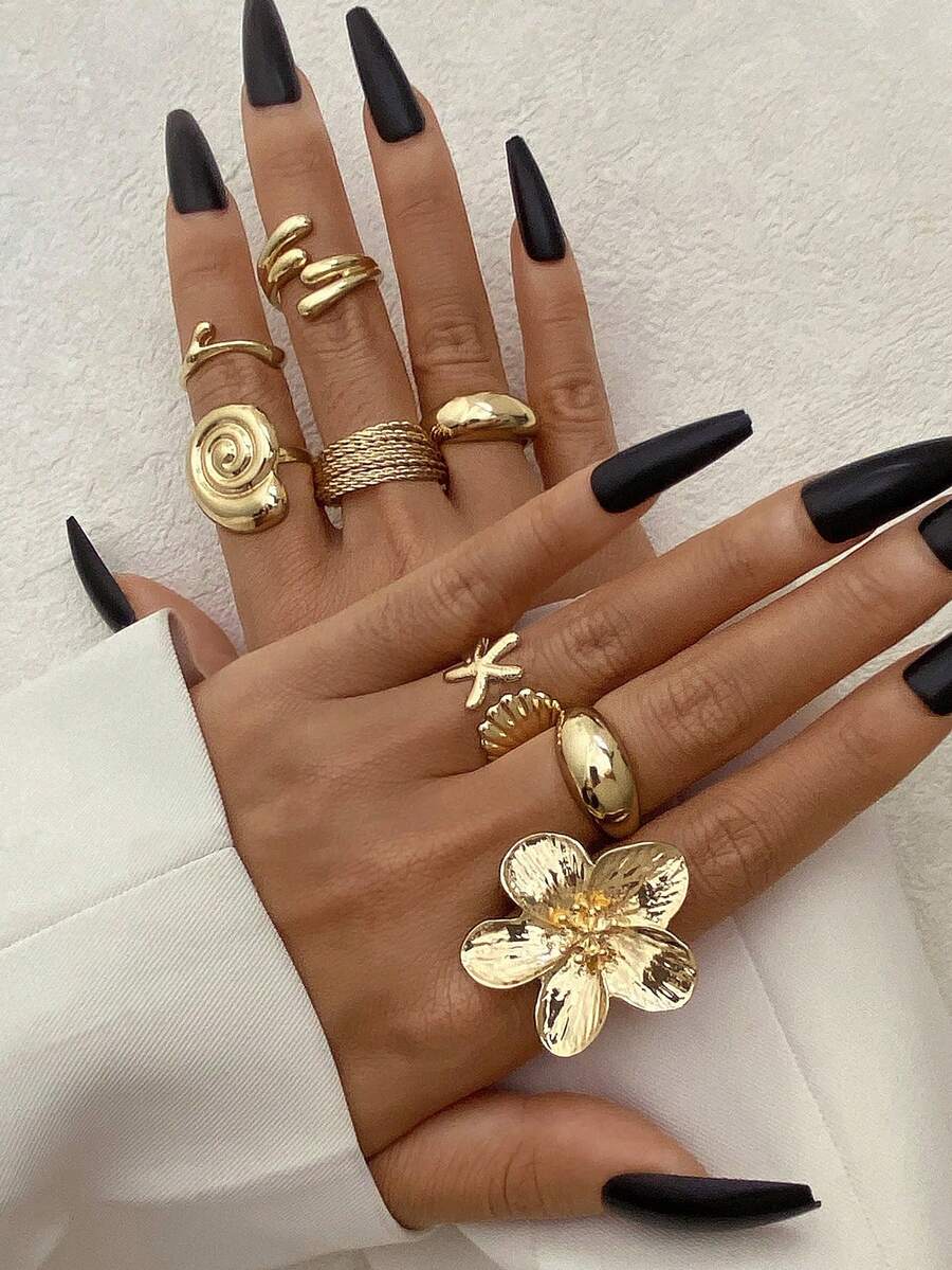 8件套女士不规则新款时尚戒指套装 - 金黃色 - 查看 1