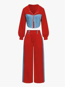 Moda Casual Sudadera Traje Vaquero Patchwork Sombrero Top Pantalón Dos Piezas Mujer - Rojo - Ver 2
