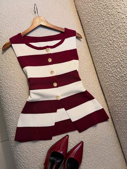 Elegante chaleco casual urbano para mujer, chaleco a rayas de color block burdeos de otoño/invierno para mujer, cárdigan de punto con botones metálicos de diseño minimalista cómodo y casual de cuello redondo sin mangas, adecuado para el hogar y el transporte, suéter de chaleco de punto de otoño/invierno para mujer