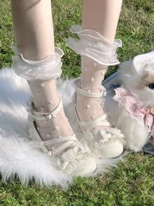 1 Pair Women's Lace Trim Bow Mesh Stockings, Sweet Lolita Mid-Calf Socks - White - View 1