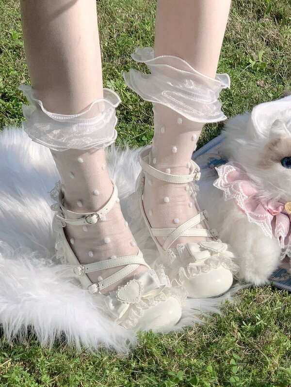 1 Pair Women's Lace Trim Bow Mesh Stockings, Sweet Lolita Mid-Calf Socks