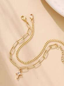 2pcs Layered Women's Bracelet, Zirconia Studded Cross Design Mixed Chain Style, Fashionable And Chic For Everyday Wear (Random Quantity Of Chain Rings) - Yellow Gold - View 3