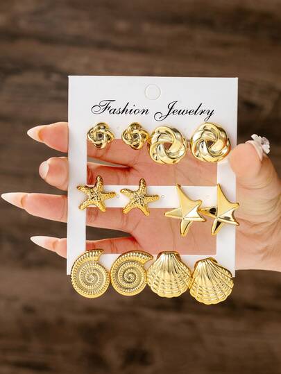 1/6 Pair Beach Ocean Series Shell, Seashell, Starfish, Round Twist Stud Earring Set, Lightweight Elegant Earrings Suitable For Beach Travel, Fashion & Chic, Versatile For Different Outfits