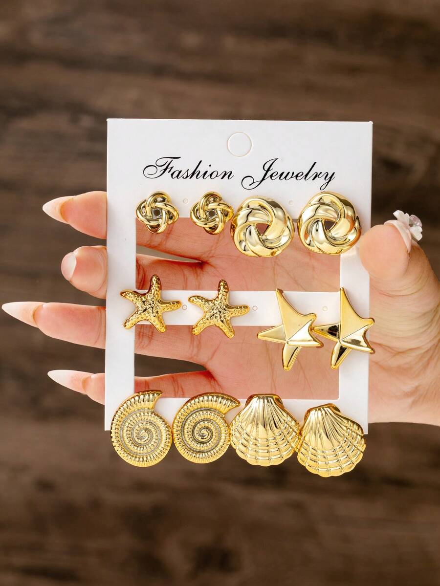 1/6对沙滩海洋系列贝壳、海螺、海星圆形扭纹耳钉套装，轻盈优雅，适合海滩旅行，时尚别致，百搭各种服饰。 - 金色 - 查看 1