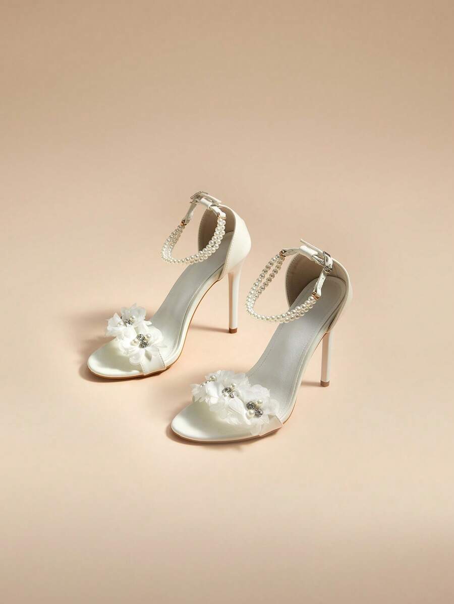 Glizzene 11.3cm Super High Heel White Bridal Sandals, Elegant Floral, Fashionable & Versatile, Featuring Faux Pearl Strap Valentine's Day - White - View 1