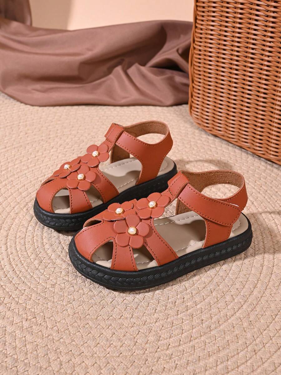 "Infant Girls Luxury Pearl-Accent Strappy Sandals – Adjustable Ankle Strap, Multi-Strap Design, Soft Cushioned Insole, Anti-Slip Sole Elegant Summer Baby Footwear" - Brown - View 1