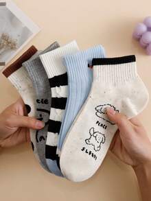 5 Pairs Women's Black Polka Dot & Striped Ankle Socks, Casual Daily Wear, Versatile - Multicolor - View 4