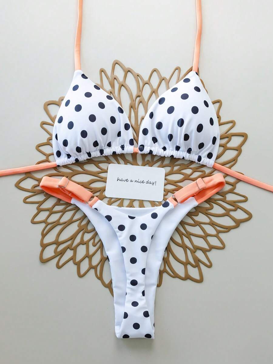 Bộ 2 bộ đồ bơi bikini buộc dây hở lưng chấm bi màu tương phản gợi cảm, thích hợp cho kỳ nghỉ, bãi biển, biểu diễn sân khấu và hòa nhạc, mùa hè - Đen và trắng - Xem 1