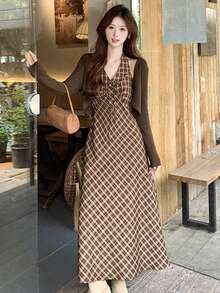 Đầm hai dây kẻ caro thanh lịch mới, phối cùng áo khoác cardigan, đa năng (Họa tiết kẻ caro ngẫu nhiên) Mùa hè - Cà phê nâu - Xem 3
