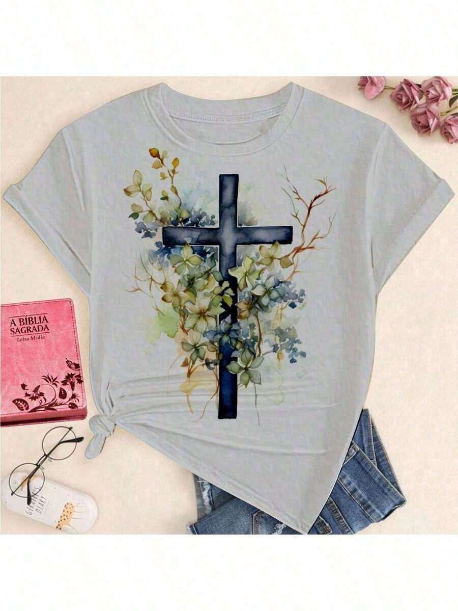 Women's T-Shirt With Cross Roots, Jesus Christ, Christian, Delicate Gospel Style, Religious T-Shirt, Plus Size. - 灰色 - 查看 1