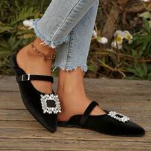 French Pointed Toe Mule Shoes, Rhinestone Embellished Slip-On Sandals, Elegant Lady Style - Black - View 5