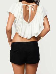 Women's Y2k Ruffle Front Crop Tops Deep V Neck Short Sleeve Solid Color Tops Summer Casual Going Out Tops Streetwear - trắng - Xem 5