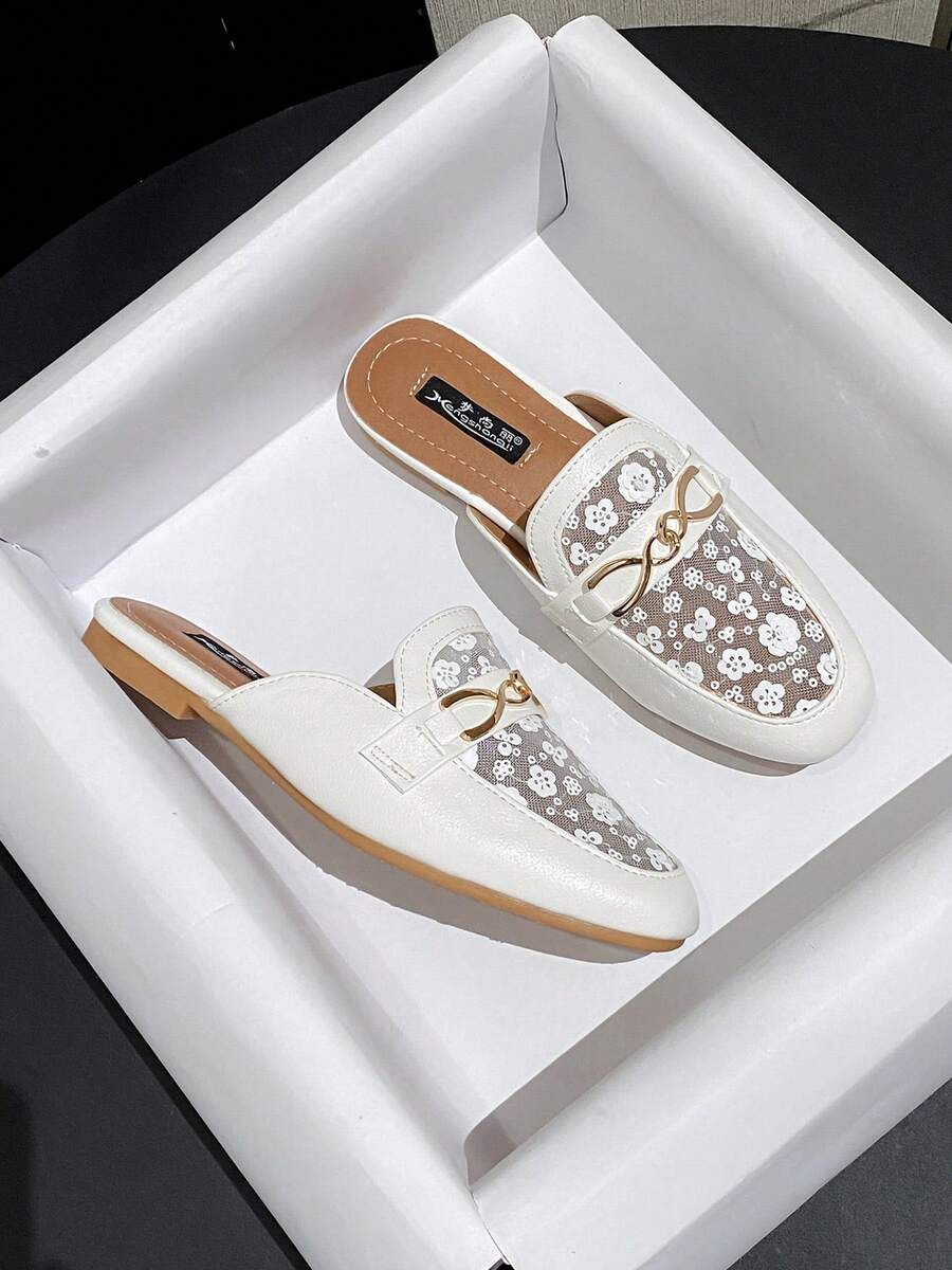 Mengshangli 女士优雅山茶花朋克仙女平底凉鞋，网眼拼接撞色饰边，适合办公室、派对、度假、春夏穿着 - 白色 - 查看 1