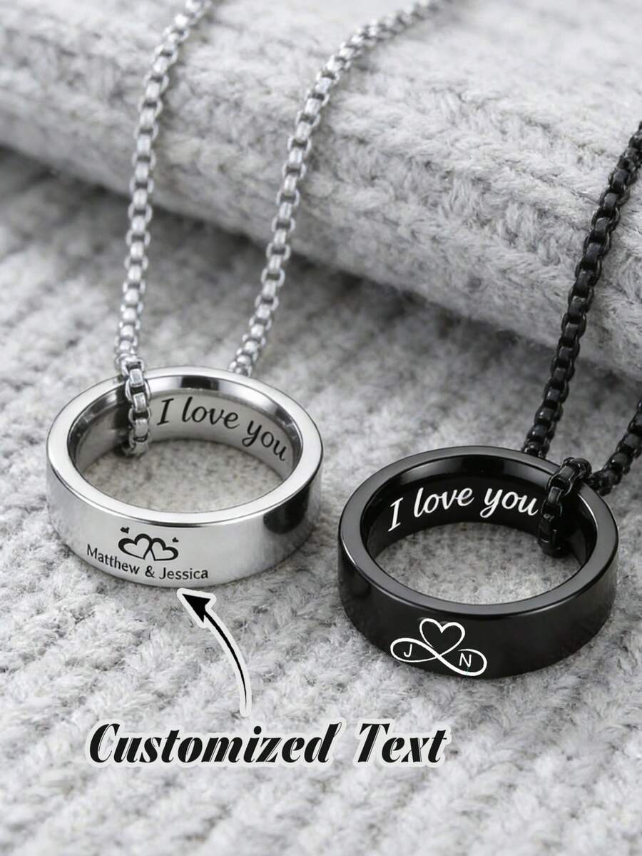 1pc Personalized Engraved Name Ring Necklace, Commitment Jewelry Gift For Boyfriend Or Girlfriend, Valentine's Day, Birthday, Anniversary - Multicolor - View 1